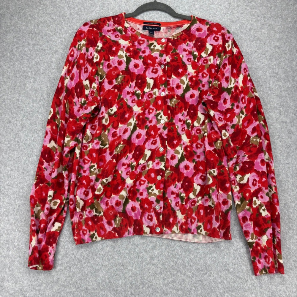 Lands End Cardigan Women L Red Pink Floral Supima Cotton Button Front Preppy